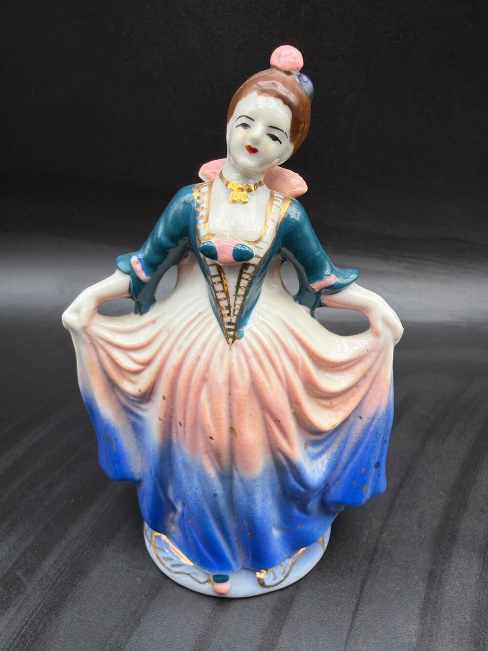 Vintage Occupied Japan Porcelain Lady Figurine Pink Blue Dress 4.5” Hand Painted